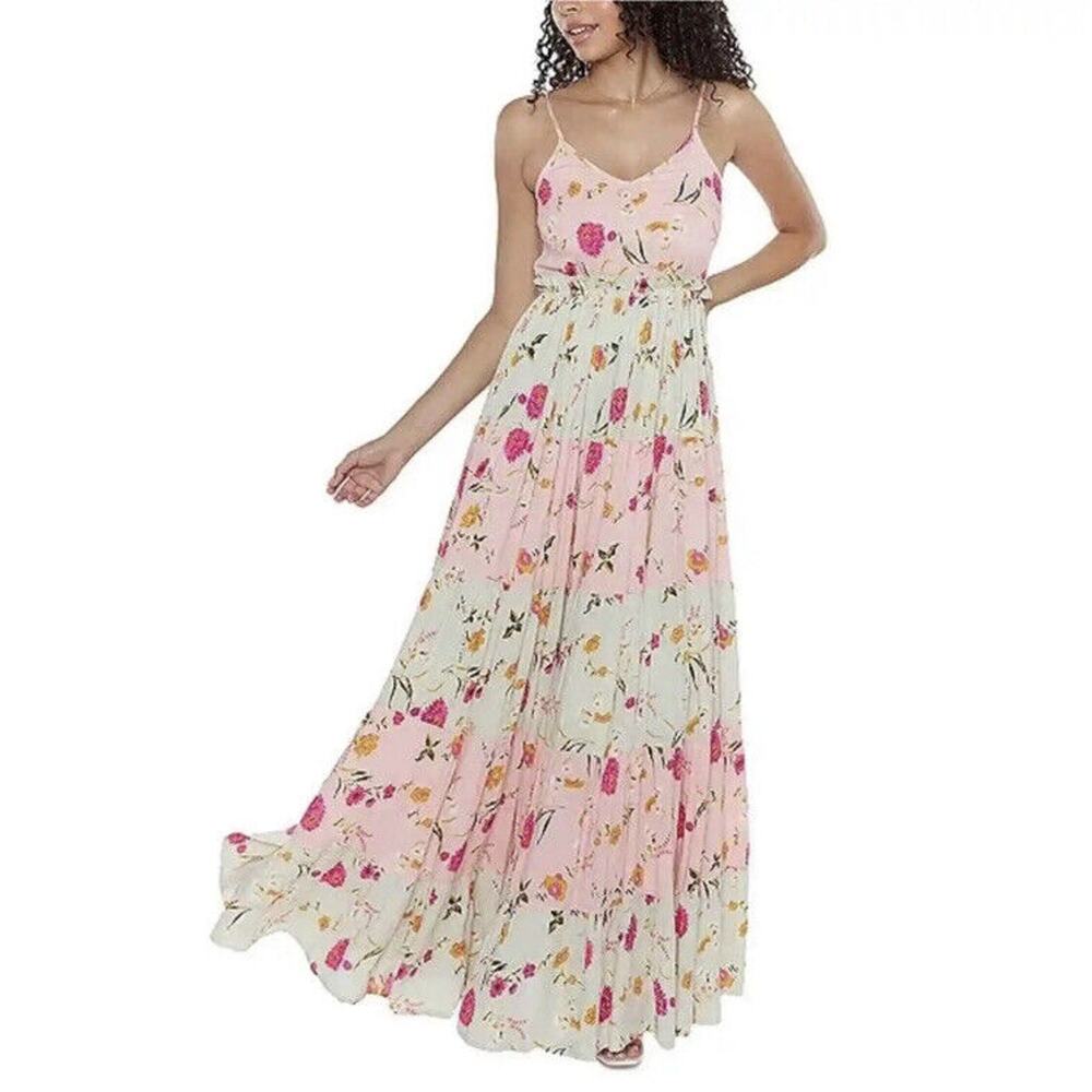 RAGA NWT Flores Tiered Floral Bloom Maxi A Line Dress Pastel Colors Sz S Ruffle